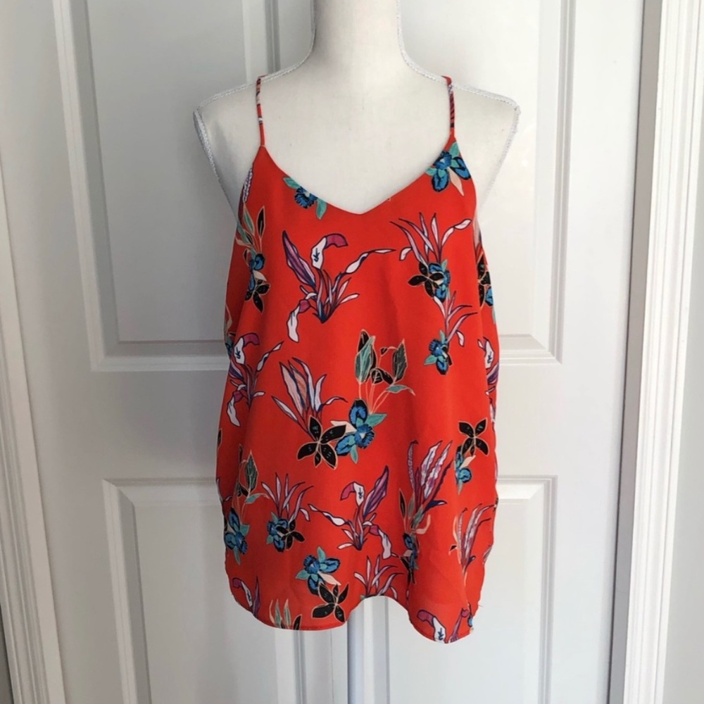 Cooper & Ella Orange Floral Tropical Spaghetti Strap Racerback Polyester Tank